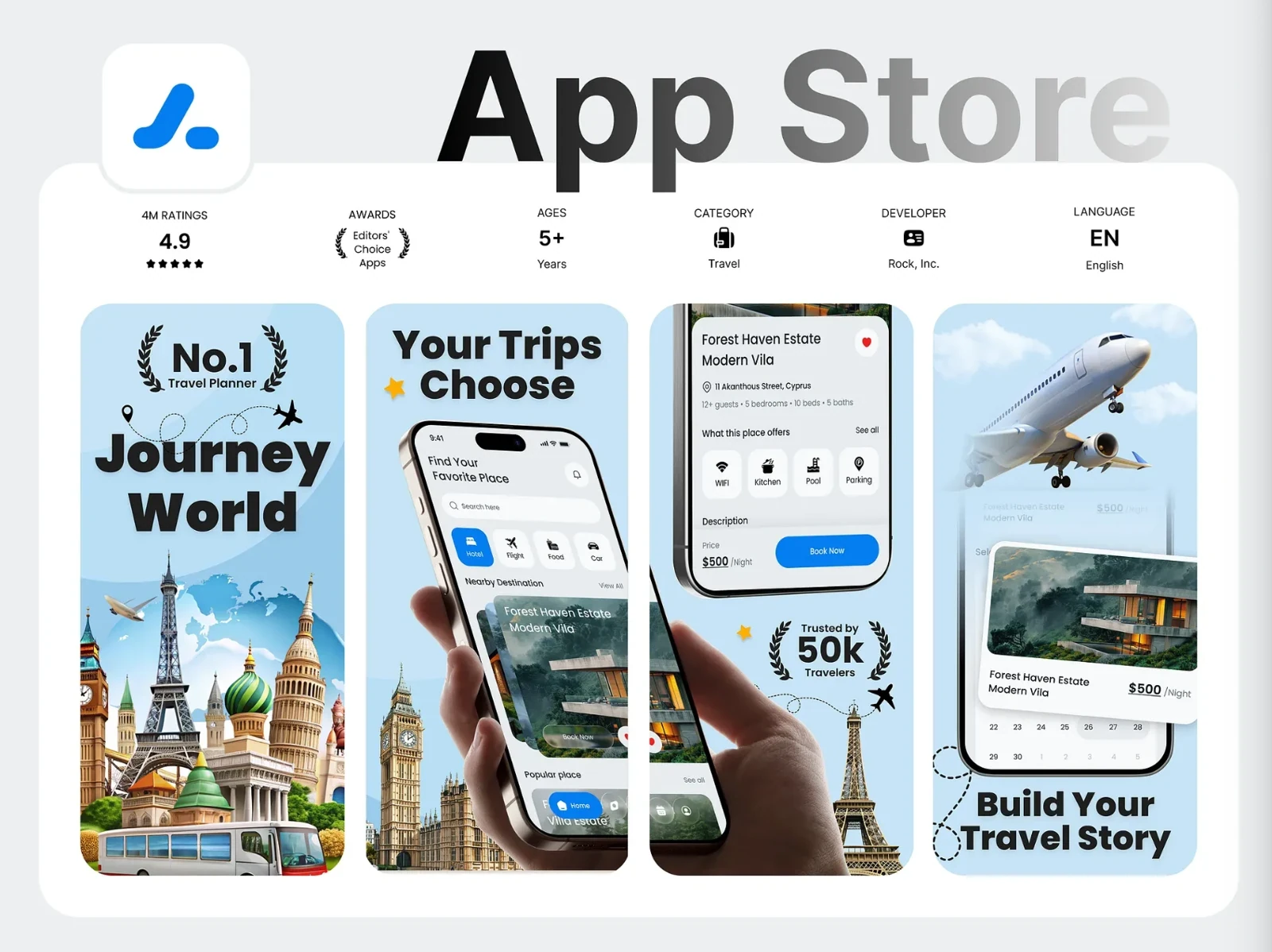 Journey World — interface d’application de voyage